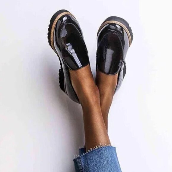 Franco Sarto Black Shiny Patent Leather Cypress Lug Sole Loafers - Picture 15 of 15